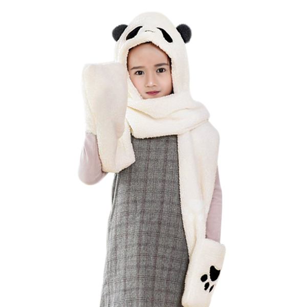 Kvinnor Flickor Söt Panda djur Vinterhattar 3 i 1 varm plysch luvtröja Cap Tasshandskar Vante Scarf Set