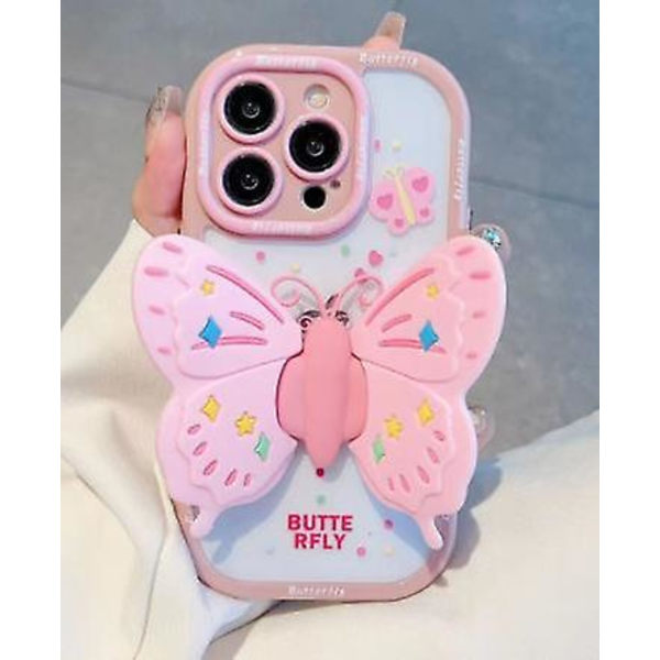 3d Butterfly Cute Cartoon Bracket Rosa Barbie Mjukt Case För Iphone 15 Pro Max/15 Pro/15 Plus/15 Julklapp till Kvinnor Flickor Pink White iPhone 15 Pro Max