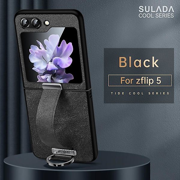 Z Flip 5 Case, tunt Pu Läder Ring Stand Case För Samsung Galaxy Z Flip 5 Med handremshållare Black