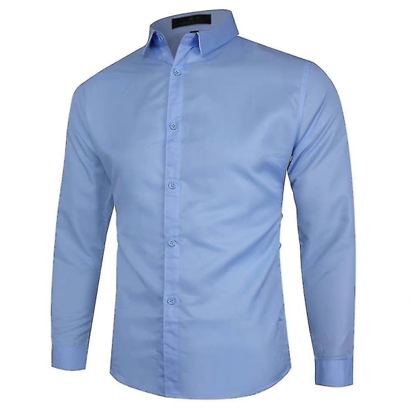 Män Knappar Lapel Neck Långärmad skjorta Passar Casual Plain Business Toppar Lgiht Blue 3XL