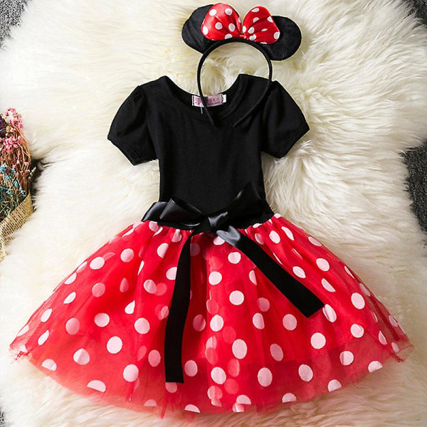 Barn Flickor Minnie Mouse Polka Dot Kortärmad Klänning Fest Casual Bow Tutu Tyllklänningar Red 12-18 Months