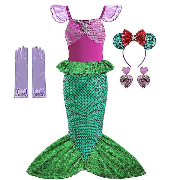 Disney Lilla Sjöjungfrun Ariel Prinsessklänning Barnklänning För Flickor Cosplay Barn Karneval Födelsedagsfestkläder Sjöjungfrudräkt V 3-4T(size 110) 6pcs Mermaid Set