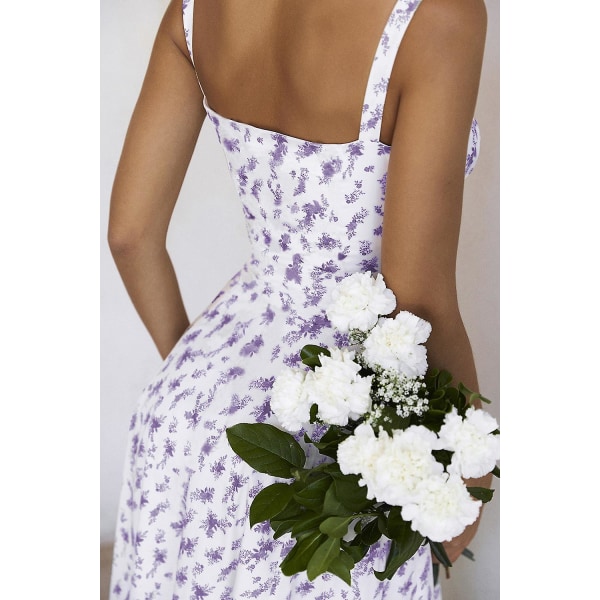 Blommönstrat print ärmlöst rynkad byst delat lår Boho midiklänning Carmen print bustier solklänning Purple Leafs Asia S   EU XS