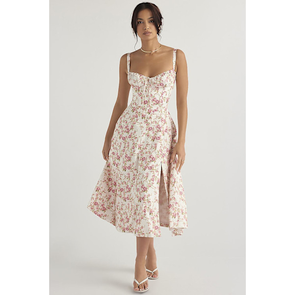 Blommönstrat print ärmlöst rynkad byst delat lår Boho midiklänning Carmen print bustier solklänning White Red Flower Asia L  EU M