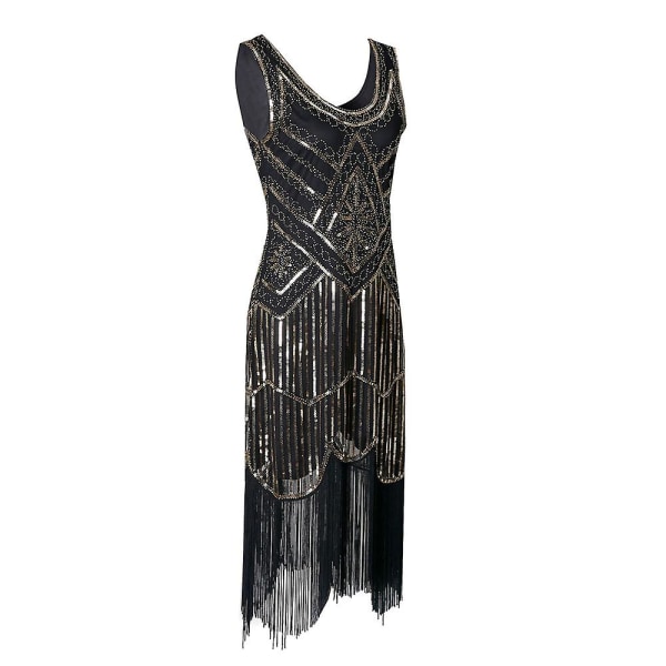 1920-tals flapperklänning för kvinnor Långfransade Great Gatsby-kostymklänning 20-talspalljetter Pärlfärgade vintage M Black Gold