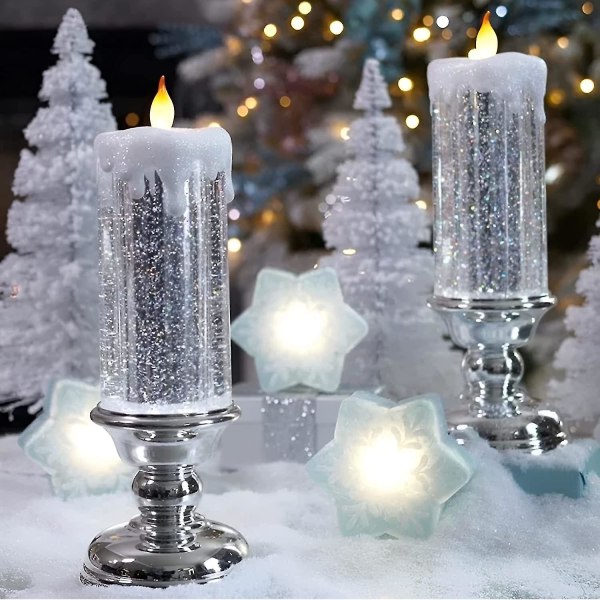 Led julljus, 7 färgskiftande USB uppladdningsbara, vattentäta virvlande glitter flamlösa ljus Silver