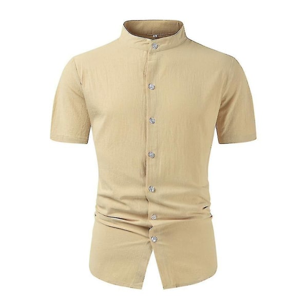 Ståkrage för män Button Down-skjortor Kortärmad bomull Linnelook Strand Casual Snygg sommarskjorta Toppar Khaki 3XL