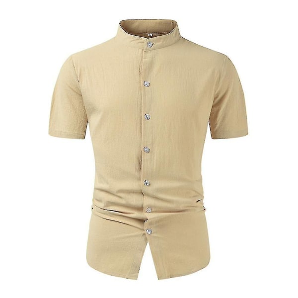 Ståkrage för män Button Down-skjortor Kortärmad bomull Linnelook Strand Casual Snygg sommarskjorta Toppar Khaki XL