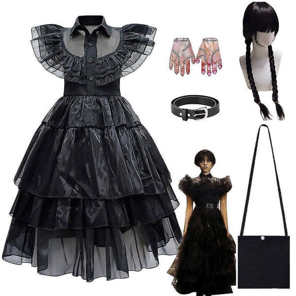 Barn Flickor Onsdag The Addams Family Costume Halloween Klänning Födelsedagsfest Dress Belt Bag Gloves 120cm