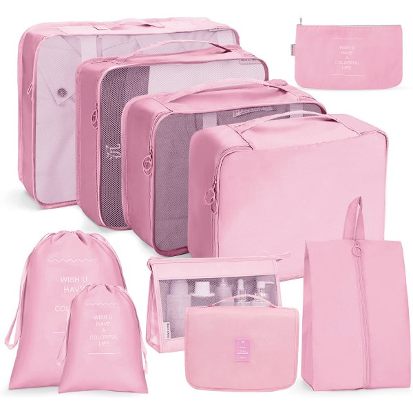Resväska set Tio stycken set toalettartiklar och smink i rosa
