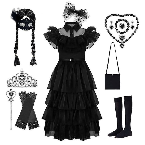 Onsdags Addams Klänning Cosplay Kostym Barn Flickor Fest Svarta Klänningar Onsdags Halsband Mask Peruk (gratis frakt) Dress kit 160cm