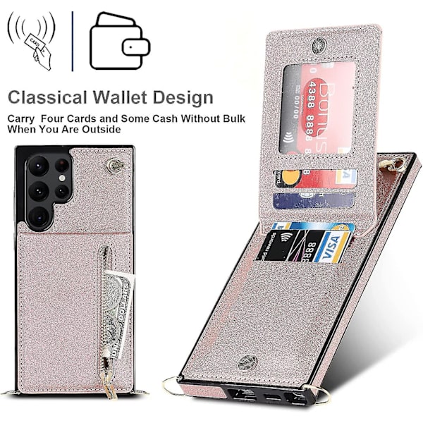 Case i läder för Samsung Galaxy S23 Ultra/ S23+/ S23 med halsrem & stativ & dragkedja Rose gold for S23 Ultra