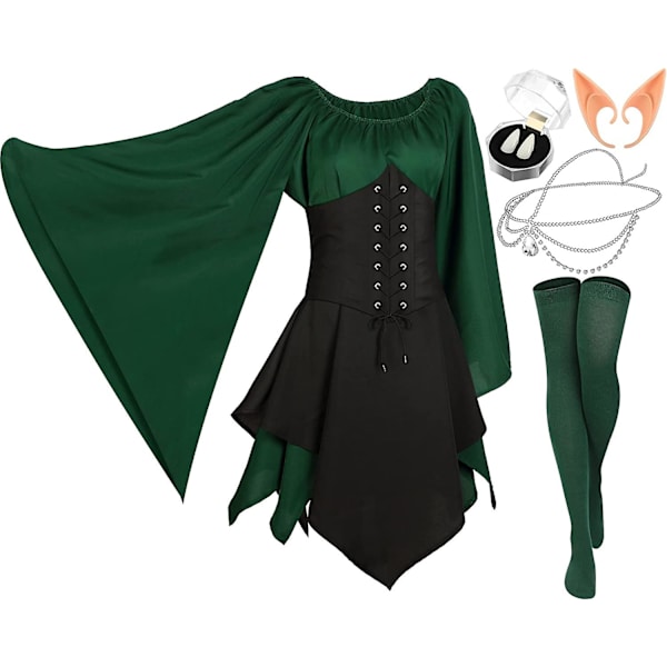 5-pack Fairy Elf Costume Renaissance Traditionell Irish Viking Dress Fairy Elf Ear för Halloween Cosplay Masquerade Party (medium) Green and Black X-Large