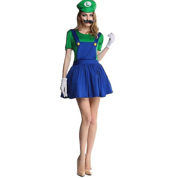 Super Mario Luigi Kostym Vuxen Barn Fancy Dress Outfit Kläder L Luigi Green Women