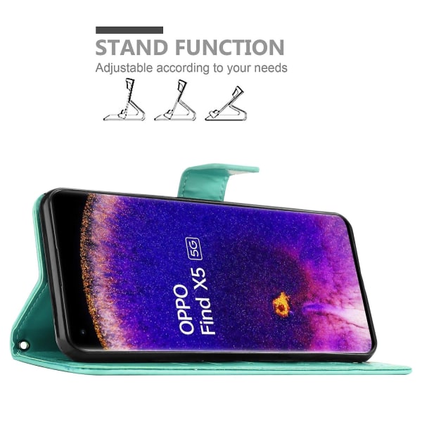 Oppo FIND X5 Cover Case - med blommönster och stativfunktion och kortfack FLORAL TURQUOISE FIND X5