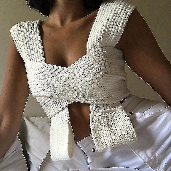 Kvinnor Kitted Väst Bandage Tröja Mode Ärmlös Crop Top Fall Solid Pullover White