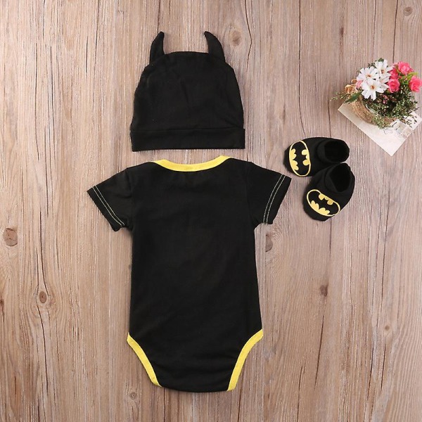 Toddler Baby Batman Romper Indoor Shoes Beanie Hat Set Newborn Kläder Outfit Black Batman A 12-18 Months