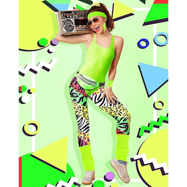 7 st 80-tals träningskostym 80- set 80-tals 90-tals Leotard Legging Pannband Armband Benvärmare Örhängen Fanny Pack Bright Zebra Small