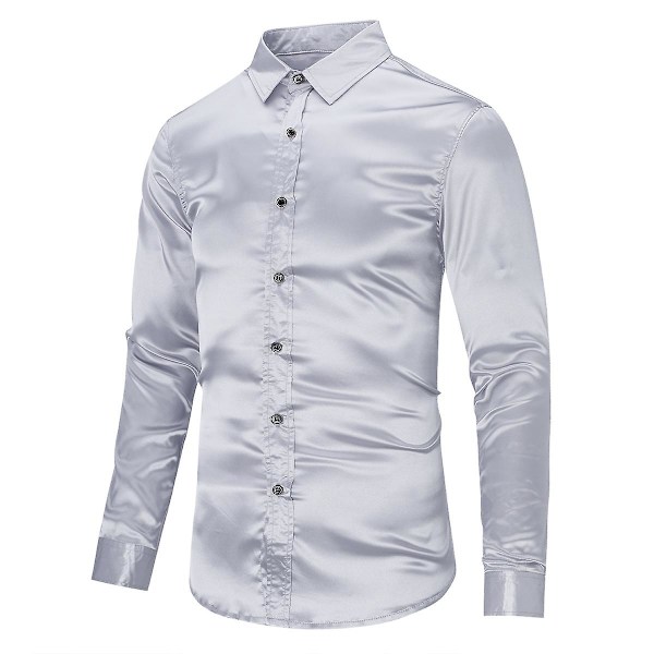 Sliktaa Casual Mode för män glänsande långärmad Slim-Fit formell skjorta Gray XL