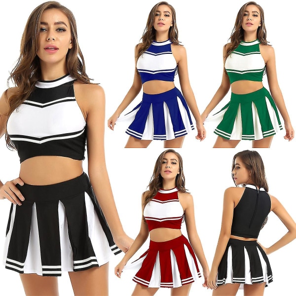 Kvinnor Vuxna Cheerleader Uniform Performance Outfit Japansk Skolflicka Cosplay Kostym Ärmlös Crop Top Mini plisserad kjol Blue A L