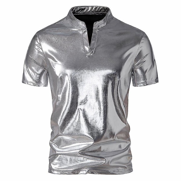 Herr V-ringad Sparkle Kortärmade Glänsande Pikétröjor 70-tal 80-tal Disco Party Casual T-shirts T-tröjor Silver S