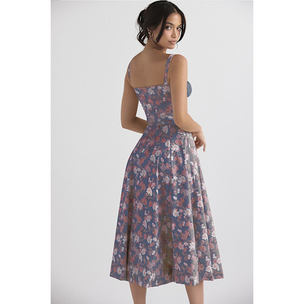 Blommönstrat print ärmlöst rynkad byst delat lår Boho midiklänning Carmen print bustier solklänning Navy Blue White Flowers Asia S   EU XS