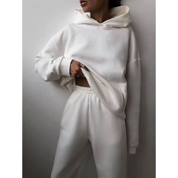 Vinter tvådelade uppsättningar Dam träningsoverall Oversized kostym Höstbyxa Sweatshirt Solid Sporthuvtröja Sportkläder White S