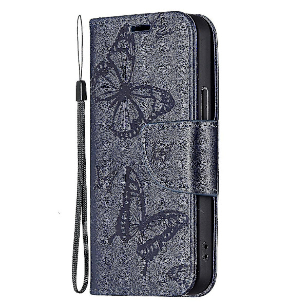 Imprint Butterfly Magnetisk stängning Läderställ Plånbok Case Fodral med rem för Iphone 13 Mini 5,4 tum - lila Dark Blue