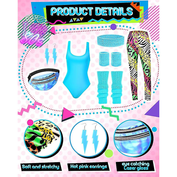 7 st 80-tals träningskostym 80- set 80-tals 90-tals Leotard Legging Pannband Armband Benvärmare Örhängen Fanny Pack Cute Zebra 3X-Large