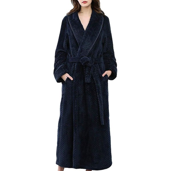 Dam fluffig morgonrock Mysig Lätt Posh Hellängd Morgonrock Vinter Varm Ren Färg Badrock Wrap Housecoat Nattkläder Navy XL