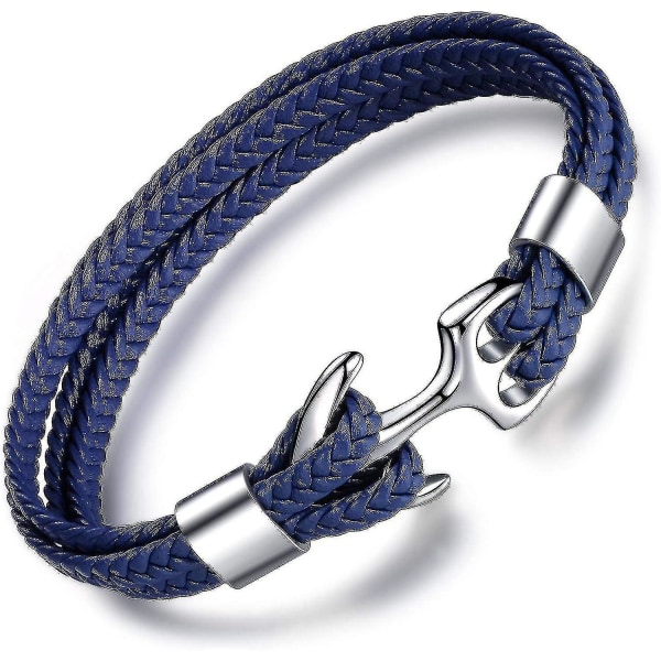 Manarmband Läder och rostfritt stål, multivävt armband, med metallankare, födelsedagspresent för män pojke blue