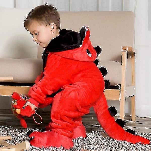 Barn Onesie Flanell Pyjamas Tecknad Djurfigur Kostym Med Huva Vinter Hem Kostym För 120 Little Red Dinosaur