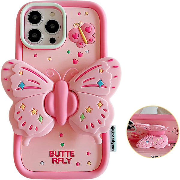 3d Butterfly Cute Cartoon Bracket Rosa Barbie Mjukt Case För Iphone 15 Pro Max/15 Pro/15 Plus/15 Julklapp till Kvinnor Flickor Pink iPhone 15 Plus