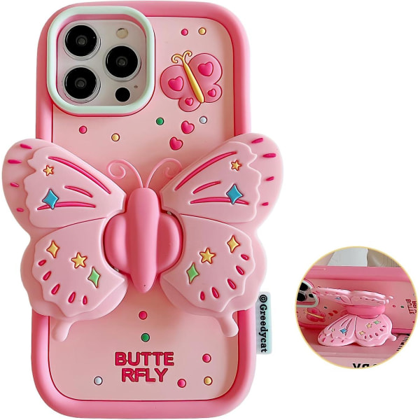 3d Butterfly Cute Cartoon Bracket Rosa Barbie Mjukt Case För Iphone 15 Pro Max/15 Pro/15 Plus/15 Julklapp till Kvinnor Flickor Pink iPhone 15 Pro Max