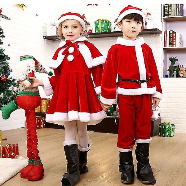 Barn Barn Jul Cosplay Jultomte Kostym Baby X-mas Outfit 3/4- set Klänning/byxor+toppar+hatt+kappa+bälte För pojkar Flickor 150 Girl