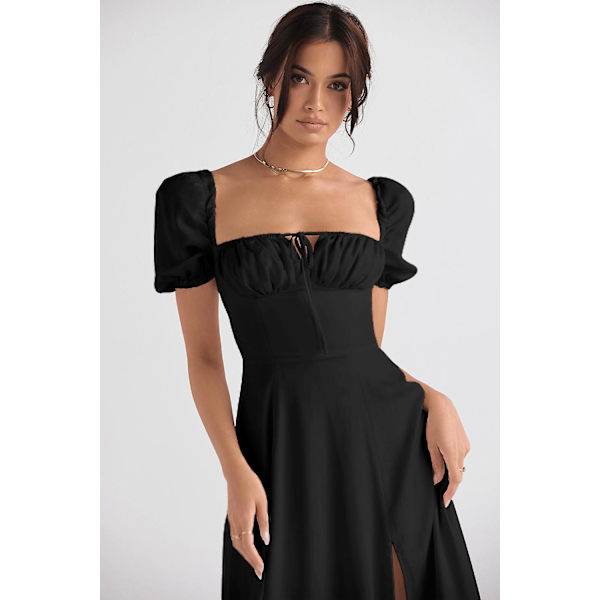 Blommönstrat print ärmlöst rynkad byst delat lår Boho midiklänning Carmen print bustier solklänning Black Dress Asia L  EU M