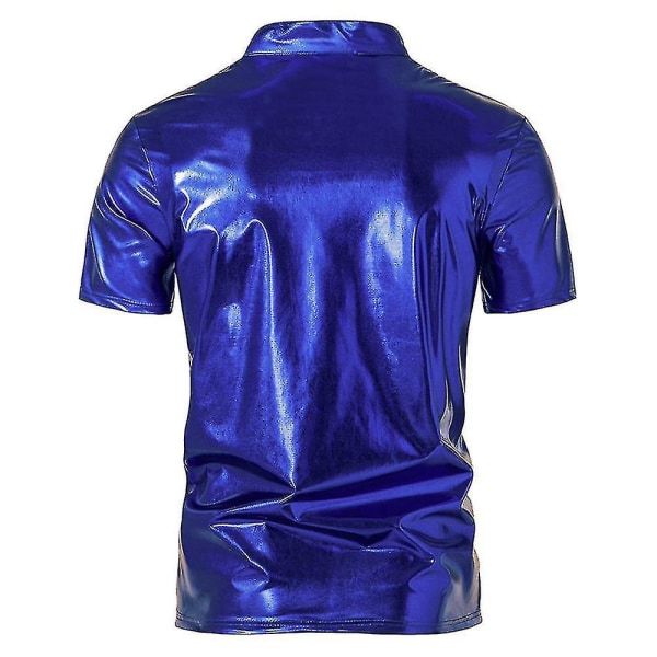 Herr V-ringad Sparkle Kortärmade Glänsande Pikétröjor 70-tal 80-tal Disco Party Casual T-shirts T-tröjor Blue L