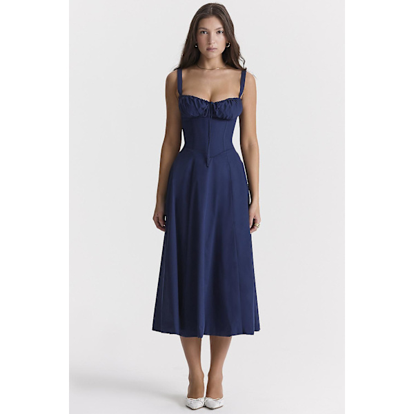 Blommönstrat print ärmlöst rynkad byst delat lår Boho midiklänning Carmen print bustier solklänning Dark Blue Slip Dress Asia M   EU S