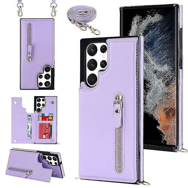 Crossbody axelrem case Kompatibel Samsung Galaxy S23 Ultra/ S23+/ S23 med korthållare Stötsäker Purple for S23 Ultra