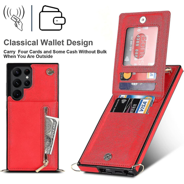 Case i läder för Samsung Galaxy S23 Ultra/ S23+/ S23 med halsrem & stativ & dragkedja Red for S23 Plus