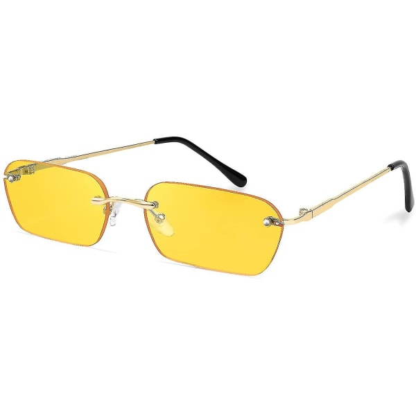 Retro små smala båglösa solglasögon Clear Eyewear Vintage rektangulära solglasögon för kvinnor män Yellow