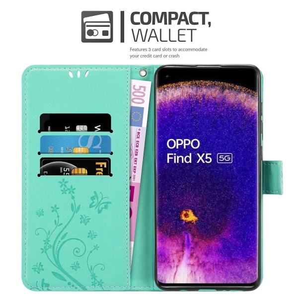 Oppo FIND X5 Cover Case - med blommönster och stativfunktion och kortfack FLORAL TURQUOISE FIND X5