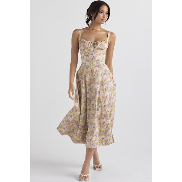 Blommönstrat print ärmlöst rynkad byst delat lår Boho midiklänning Carmen print bustier solklänning Yellow Purple Flower Asia S   EU XS