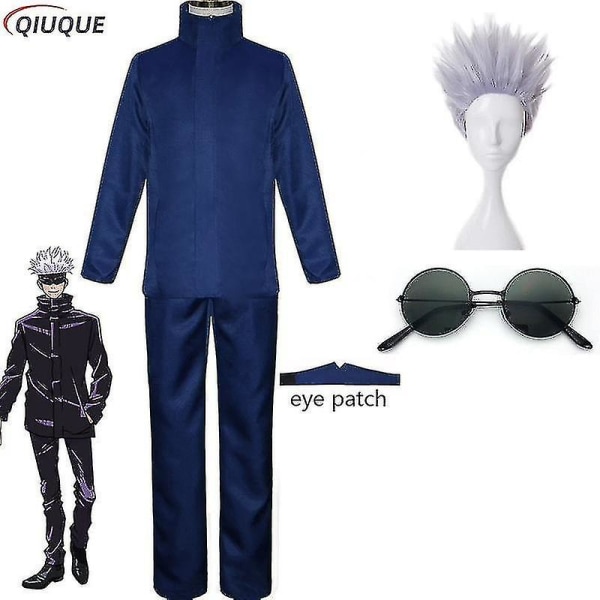 2023-anime Jujutsu Kaisen Gojo Satoru Cosplay Kostym Toppar Byxor Ögonlapp Halloween Party Män Uniform Peruker-1-1 Blue Package 6 L