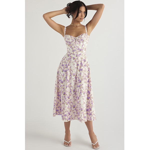 Blommönstrat print ärmlöst rynkad byst delat lår Boho midiklänning Carmen print bustier solklänning Purple Flower Asia XL   EU L