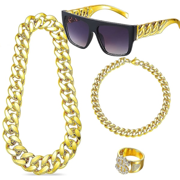 Hip Hop Kostymkit för män, rappartillbehör Hippiekostymset Guldkedja Set Halsband Ring Och Svart Guld Solglasögon Outfit Dis