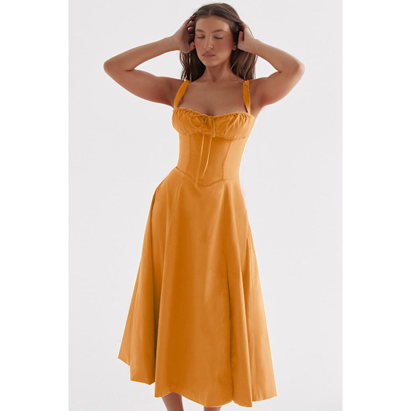 Blommönstrat print ärmlöst rynkad byst delat lår Boho midiklänning Carmen print bustier solklänning Orange Slip Dress Asia XL   EU L