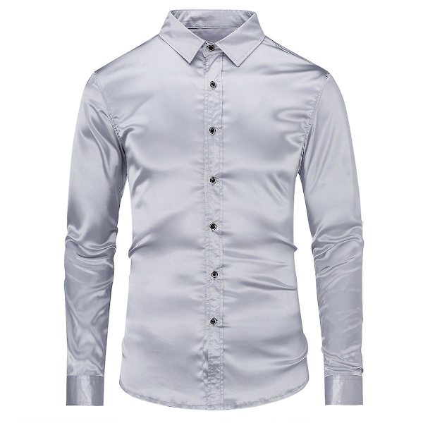 Sliktaa Casual Mode för män glänsande långärmad Slim-Fit formell skjorta Gray S