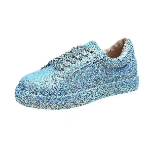 Kvinnor med snörning Glitter Sneakers Glitter Casual Jogging Sneakers Platta skor Lake Blue 35
