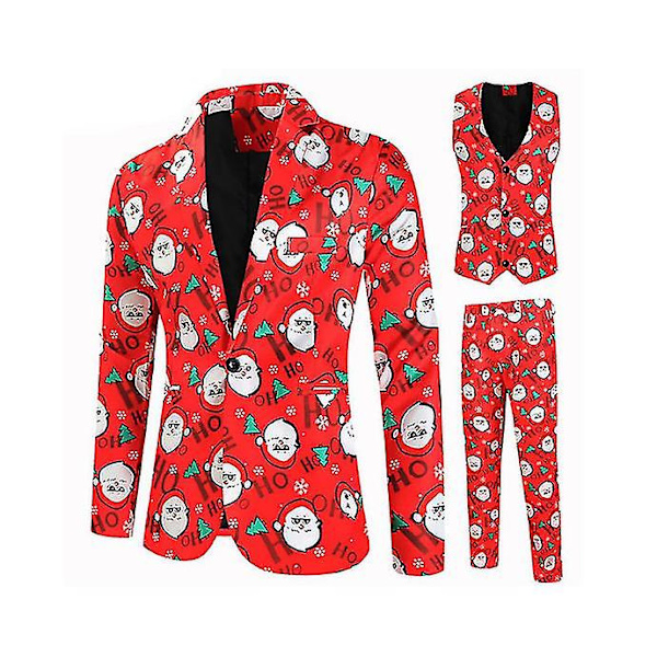 Juldräkt 3st/ set Blazer Kostym Finklänning Väst Blazer Byxor Jultomte Printed Formell klänning Outfits Tmall 4XL
